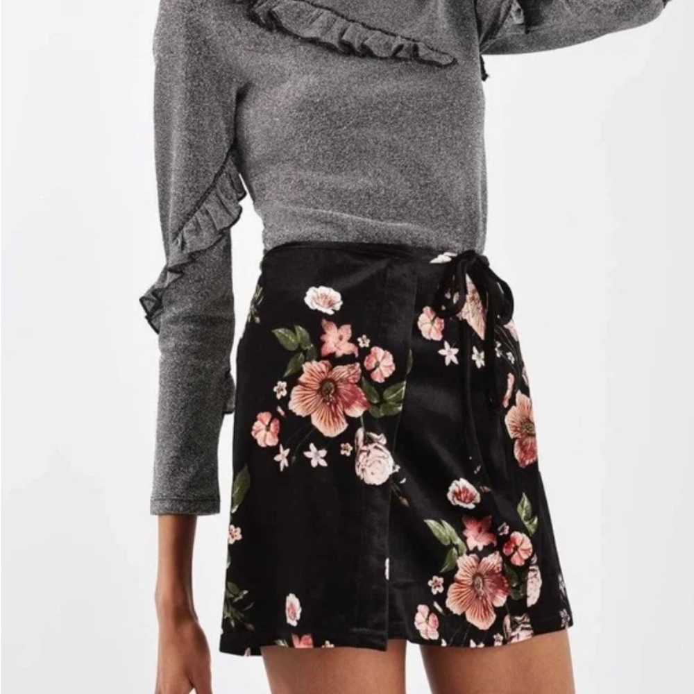 Top Shop Mini Wrap Floral Velvet Skirt